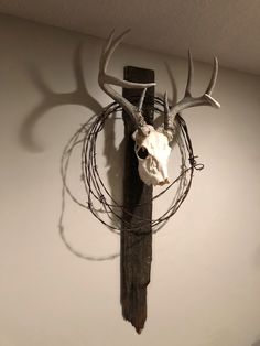 a deer skull mounted to the side of a wall with barbed wire around it's neck