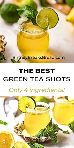 green tea shots in shot glasses garnished with lime slices Jameson Whiskey Drinks, Green Tea Cocktail, Lemon Drop Shots, Sugar Free Lemonade, Green Tea Lemon, Tea Drink Recipes, Jameson Whiskey, Best Green Tea