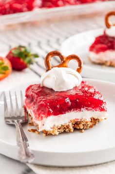 strawberry pretzel dessert on a white plate