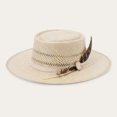 The Batterson Straw Hat is crafted with a firm finish from high-quality 100% Shantung straw. Unique, lightweight and statement-making, it has a 3 1/2” oval gambler crown and a 3” flat brim, complemented by a cotton cord hat band with removable feather detail and a genuine leather sweatband for a time-tested fit and all-day comfort. Handmade in the U.S.A. with the finest construction and materials, our straw hats are made to stand the test of time. 3 1/2" Oval Gambler Crown 3” Flat Brim Cotton Co Cheap Classic Hat Band For Spring, Cream Straw Boater Hat For Kentucky Derby, Western White Boater Hat With Flat Crown, White Western Boater Hat With Flat Crown, Spring Cream Panama Hat For Rodeo, Straw Boater Hat With Curved Brim For Rodeo, Beige Panama Hat With Flat Crown For Spring, Spring Rodeo Flat Brim Panama Hat, Cream Western Toquilla Straw Hat