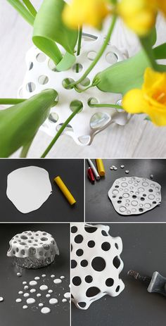 the process of making flower vases is shown in four different pictures, including one with flowers