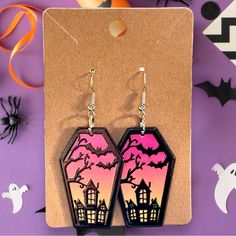 New Halloween Double Sided Coffin Haunted House Earrings House Earrings, Coffin Earrings, Shrinky Dink Jewelry, Halloween Coffin, Shrinky Dink, Earring Designs, Sticker Ideas, Earrings Color, Boutique Jewelry