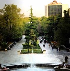 people are walking around in the park with trees and water fountains on either side of them