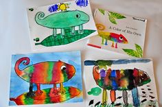 four children's artwork cards with animals on them