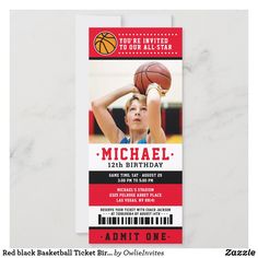 Red black Basketball Ticket Birthday Photo Invitation Basketball First Birthday Party, Basketball First Birthday, 65th Birthday Invitations, Basketball Couples, Basketball Birthday Invitations, Basketball Birthday Party, Basketball Tickets, Basketball Birthday Parties, Sports Birthday Party