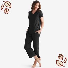 Our two-piece women’s cropped pajama set is crafted in Peru of the world’s softest pima interlock, a cotton fabric we love for its exquisite drape and unbelievably soft hand. These ultra-soft and comfy PJs are our go-to choice for luxurious lounging. Pima cotton 2-piece cropped pajama set for women. 100% Peruvian pima cotton. Soft interlock knit. Relaxed fit. Short-sleeve tee has a V-neck and shirt-tail hem. Cropped pants have an elasticized drawstring waist and pockets. This entire collection i Comfy Pjs, Classic Pajamas, The Company Store, Cotton Pajama Sets, Matching Family Pajamas, Striped Towels, Joggers Womens, Tapered Pants, Cotton Tank Top