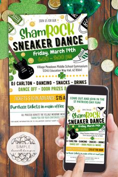 someone is holding their phone and looking at the flyer for shamrock rock sneaker dance