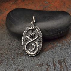 "Sterling Silver Ouroboros Infinity Snake Moon and Sun Charm. 925 solid Sterling Silver Moon Phases Charm. Also available on 16\" or 18\" solid Sterling Silver 1.3mm Cable Delicate Chain. 26mm x 13mm x 2mm Length includes 5mm jump ring." Infinity Snake, Snake Eating, Ouroboros Snake, Sun And Moon Necklace, Shop Inspiration, Golden Trio, Infinity Charm, Cards Art, Snake Pendant