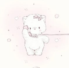 a drawing of a white bear with a pink bow on it's head holding onto a string