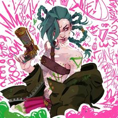 an image of a woman with green hair holding a cell phone in front of graffiti