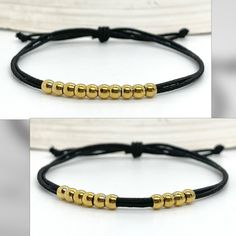 "Handmade Adjustable Stretch Gold Plated Stainless Steel Mini Beaded Counting Bracelet.  Nylon coated cord is comfortable, stretchy and adjustable. Simply slide the little beads along the cord to count any 10 tasks. Adjustable with slider knot up to 9\" (pull cord ends to adjust to your perfect fit). Small 4mm beads, tarnish resistant. Unisex style. Personalized with your choice of initial (optional). Comes on card and in a gift bag. DETAILS: Measurements (approximately): 1mm cord, 4mm beads. Tag is 8mm, initial is 3mm. Materials: Nylon coated elastic cord.  Gold tone plated tarnish resistant Stainless Steel. Initial tag is gold plated brass. For Personalized Style Only: Please choose ONE letter, A-Z or mini heart. A tag will be added with a hand-stamped initial of your choice (one per ite Gold Minimalist Friendship Bracelets With Round Beads, Minimalist Gold Beaded Bracelets With Adjustable Length, Elegant Gold Beaded Bracelets With Adjustable Cord, Minimalist Gold Beaded Bracelet With Adjustable Length, Adjustable Gold Friendship Bracelets With Gold Beads, Gold Beaded Minimalist Friendship Bracelets, Adjustable Yellow Gold Beaded Bracelet, Adjustable Everyday Bracelets With Spacer Beads, Adjustable Everyday Bracelet With Spacer Beads