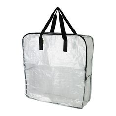 a clear bag with black handles and straps on the bottom is sitting against a white background