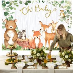 a woman standing in front of a table filled with food