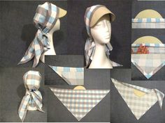 several different pictures of hats and bandanas on mannequin headdresses