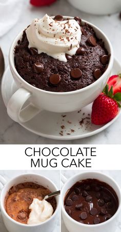 chocolate mug cake with whipped cream, chocolate chips and strawberries on the side collage