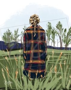 a drawing of a person standing in the grass with their back turned to the camera