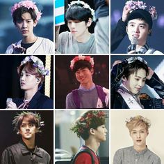 many different images of young men with flowers in their hair and wearing headbands