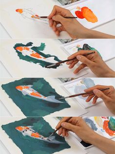 the process of painting flowers with watercolors is shown in three different stages, including one being an orange flower