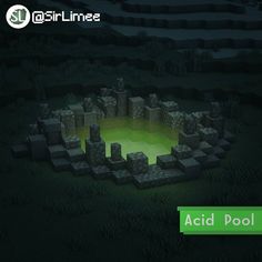 an animated image of a green pool in the middle of a dark area with rocks and grass