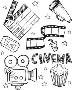 a black and white drawing of cinema with popcorn, film reels, clapsticks and stars