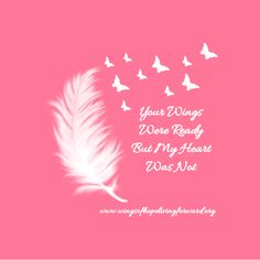 a pink background with a white feather and butterflies on the bottom right hand corner that says, your wings were ready but my heart was not