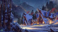 a painting of a snowy mountain scene with trees and lights in the foreground, surrounded by snow covered mountains