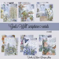 a collage of cards with flowers and butterflies on them, including the words god's will inspire cards