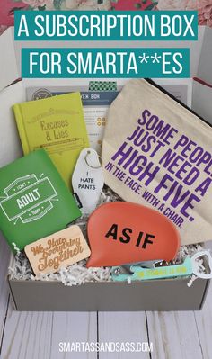 a box filled with assorted items and text that reads, a subscription box for smarties