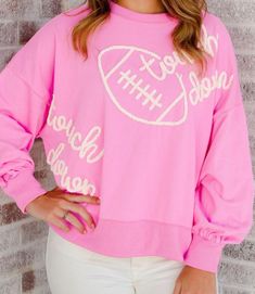 Pink touchdown embroidered crewneck! Super cute and trendy for football season Collegiate Tops With Letter Embroidery For Game Day, Collegiate Letter Embroidery Top For Game Day, Game Day Tops With Letter Embroidery, Varsity Tops With Embroidered Graphics For Game Day, Team Spirit Tops With Letter Embroidery For Game Day, Casual Tops With Letter Embroidery For Game Day, Pink Varsity Tops For Game Day, Game Day Embroidered Crew Neck Sweatshirt, Collegiate Embroidered Top For Game Day