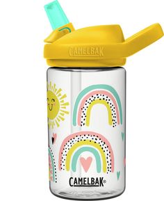 the camelbak water bottle is yellow and has rainbows, hearts, and sun on it