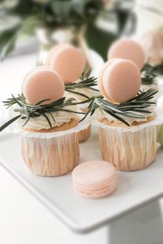 small cupcakes with rosemary sprigs on top are arranged on a white plate