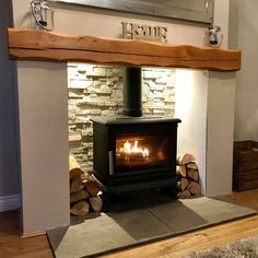 a wood burning stove in a living room