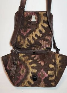 Flap Shoulder Bag, Printed Fabric, Push Button, Magnetic Closure, Saddle, Tapestry, Leather