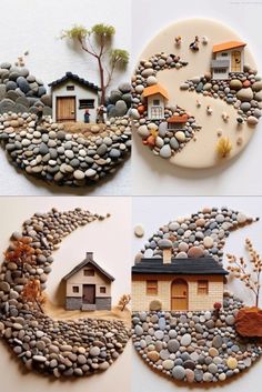 three pictures of different houses made out of rocks and stones, one is in the shape of a house