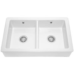 a white double bowl sink with two faucets in the center and one drain