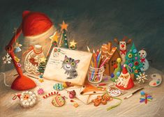 a painting of a cat surrounded by christmas decorations and other items, including a hat