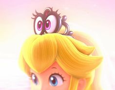 a blonde haired girl with blue eyes and two googly eyes on her head is looking at something in the distance