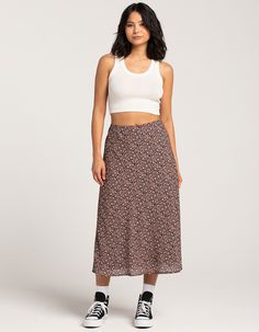 Rsq Low Rise Ditsy Midi Skirt. Allover Floral Print. Elastic Waist. Built In Lining. Approx. Length: 33''. 100% Polyester. Hand Wash. Imported. Model Is Wearing A Size Small. Model Measurements:height: 5'8" Bust: 32"waist: 25"hips: 36" Midi Skirt With Sneakers, Floral Midi Skirt Outfit, Skirt With Sneakers, Skirts With Sneakers, Flannel Sweatshirt, Midi Skirt Outfit, Floral Midi Skirt, Open Knit Sweater, Cargo Skirt