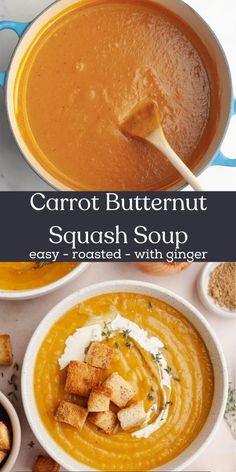 carrot butternut squash soup with croutons in bowls