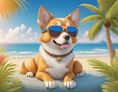 a corgi dog wearing sunglasses sitting on the beach with palm trees in the background