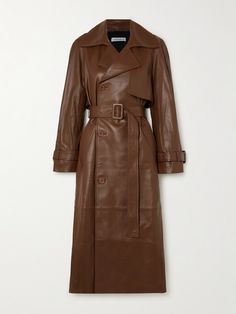 Nour Hammour's elevated outerwear embodies cool sophistication. This 'Henri' trench coat is crafted from buttery leather in a warm 'Scotch' shade and is fitted with a wide collar, storm flap and tonal belt. Wear yours with a silk dress for a textural contrast. Bottega Veneta Dress, Chocolate Leather, Leather Trench, Exclusive Dress, Leather Trench Coat, Bottega Veneta Shoulder Bag, Brown Belt, Summer Hats, Everyday Wardrobe