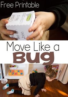 a young child playing with a toy in front of an open refrigerator and the words move like a bug on it