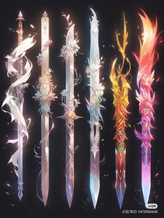 an assortment of different colored swords on a black background