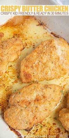 crispy butter chicken in a white casserole dish with parmesan cheese