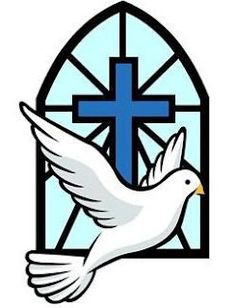 a white dove flying in front of a stained glass window with a cross on it