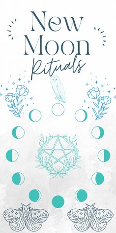 the new moon rituals poster is shown on a white background with blue circles and stars