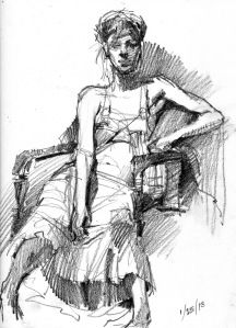 a drawing of a woman sitting in a chair