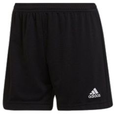 the adidas shorts are black with white stripes on the front and side, while the bottom