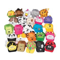 a pile of children's animal hats on top of each other in different colors