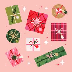 many different wrapped presents on a pink background